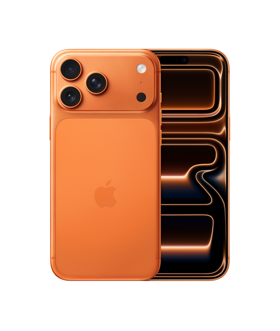 iPhone 17 Pro Max in Cosmic Orange, front and back view