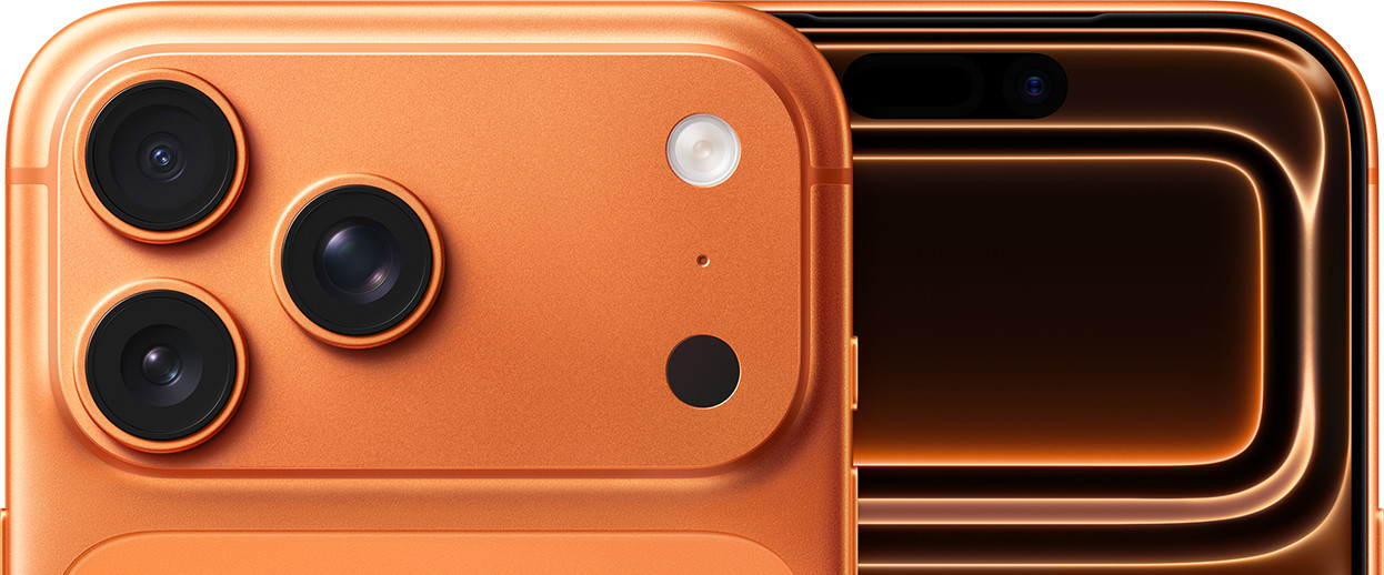 iPhone 17 Pro Max in Cosmic Orange, alternate front and back view