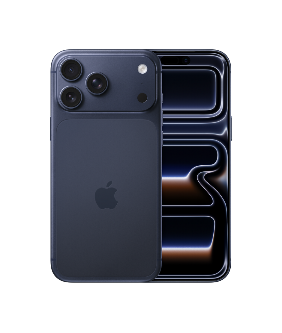 iPhone 17 Pro Max in Deep Blue, front and back view