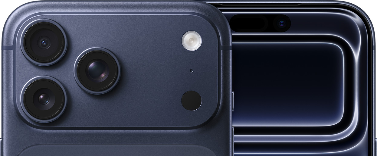 iPhone 17 Pro Max in Deep Blue, alternate front and back view